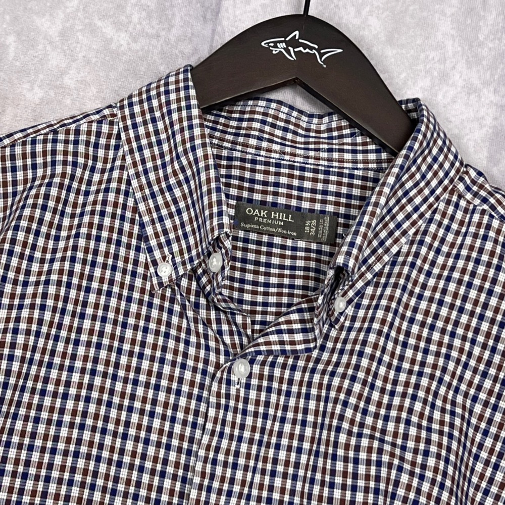 Oak Hill‎ Button Down Shirt Mens 18.5 34/35 Blue Brown Check Supima Cotton